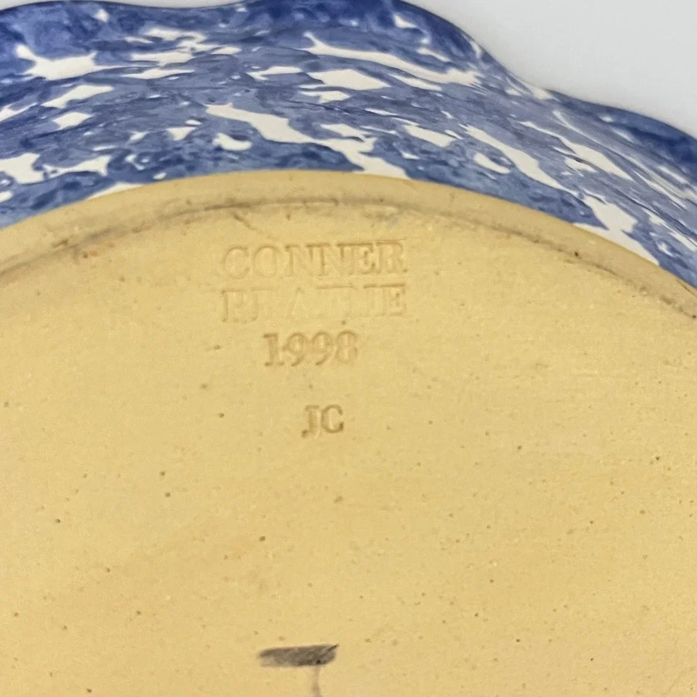 Conner Prairie Pottery Bowl  9.5in Blue White Spatter Scalloped 1998